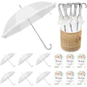 Abbylike 6 Pcs Wedding Ruffle Umbrellas Bulk 47 Inch White Stick Umbrellas for Wedding Second Line Parasol with j Hook Handle for Outdoor Wedding Bride Groom Gifts Bridal Shower Party Decor