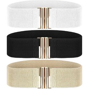 cobee 3Pcs Wide Elastic Belts for Women, Vintage Stretch Waist Belt Adjustable Dress Waistband Stretchy Belt with Golden Buckle Black White Khaki