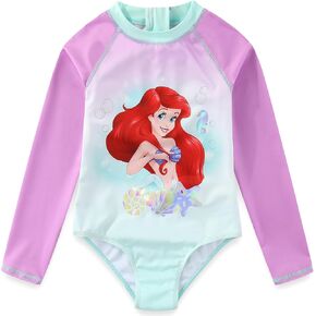 Disney The Little Mermaid Girls UPF 50+ One Piece Long Sleeve Rash Guard Bathing Suit for Toddler and Big Kids