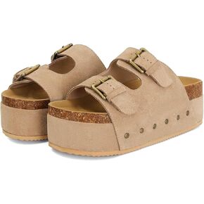 MICIFA Women's Cork Platform Sandals Suede Buckled Flatform Slides Sandals Comfort Footbed Clogs Slides Tan