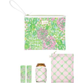 Lilly Pulitzer Water Resistant Vinyl Beach Day Pouch, Zipper Bag Includes Drink Hugger, Small Pouch, and Towel Clips, Lime Feeling Good