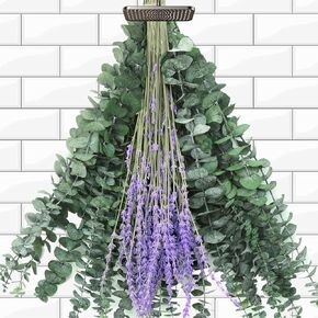 230 Pcs Dried Eucalyptus Stems with Lavender Flowers Bundle for Shower 17'' Natural Real Hanging Live Eucalyptus Leaves Branches for Wedding Decor Fresh Farmhouse Bathroom Table Vase Decor