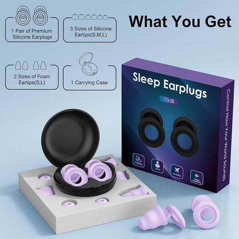 Ear Plugs for Sleeping Noise Cancelling - Noise Reduction Earplugs for Sleep,Focus,Snoring Blocking,Airplane, 33dB - 38dB Reusable Soft Hearing Protection 10 Silicone & Foam Ear Tips (Purple) in Saudi Arabia