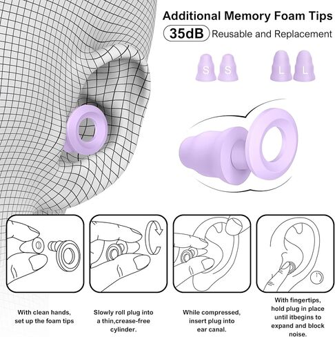 Ear Plugs for Sleeping Noise Cancelling - Noise Reduction Earplugs for Sleep,Focus,Snoring Blocking,Airplane, 33dB - 38dB Reusable Soft Hearing Protection 10 Silicone & Foam Ear Tips (Purple) in Saudi Arabia