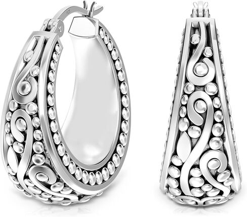 LeCalla 925 Sterling Silver Bali-Style Hoop Earrings Lightweight Click-Top Antique Two-Tone Beaded Italian Bali Style Earring Hoops for Women in Saudi Arabia