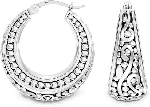 LeCalla 925 Sterling Silver Bali-Style Hoop Earrings Lightweight Click-Top Antique Two-Tone Beaded Italian Bali Style Earring Hoops for Women in Saudi Arabia
