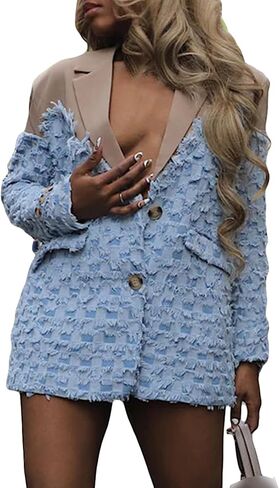 NRTHYE Women Denim Oversized Blazer Casual Plaid Color Block Patchwork Fringe Lapel Jean Suit Jackets in Saudi Arabia