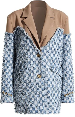 NRTHYE Women Denim Oversized Blazer Casual Plaid Color Block Patchwork Fringe Lapel Jean Suit Jackets in Saudi Arabia