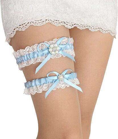 GARGALA Blue Lace Wedding Garters for Bride, Bridal Garter Set with Rhinestone Satin Bow in Saudi Arabia