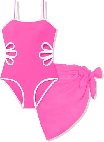 Girls Swimsuit Adjustable Straps Cut Out One Piece Bathing Suit with Solid Color Cover Up Skirt 7-16 Years in Saudi Arabia