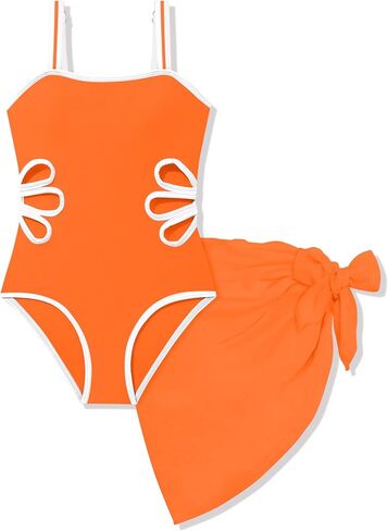 Girls Swimsuit Adjustable Straps Cut Out One Piece Bathing Suit with Solid Color Cover Up Skirt 7-16 Years in Saudi Arabia