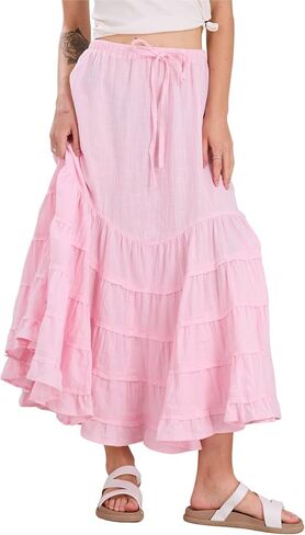 CHARTOU Women Tiered Maxi Mermaid Skirt Drawstring Waist Ruffle Flowy Boho 2024 Summer Long Skirt in Saudi Arabia