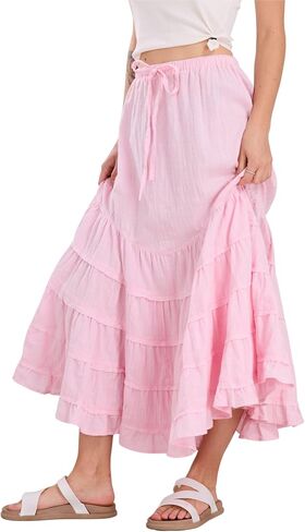 CHARTOU Women Tiered Maxi Mermaid Skirt Drawstring Waist Ruffle Flowy Boho 2024 Summer Long Skirt in Saudi Arabia