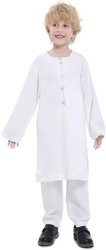 Boy's Muslim Arabic Kaftan Set - Middle East Clothing Long Sleeve Youth Boys' Solid Color Robe Suit Islamic Thobe in Saudi Arabia