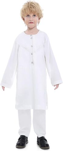 Boy's Muslim Arabic Kaftan Set - Middle East Clothing Long Sleeve Youth Boys' Solid Color Robe Suit Islamic Thobe in Saudi Arabia