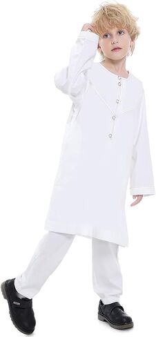 Boy's Muslim Arabic Kaftan Set - Middle East Clothing Long Sleeve Youth Boys' Solid Color Robe Suit Islamic Thobe in Saudi Arabia