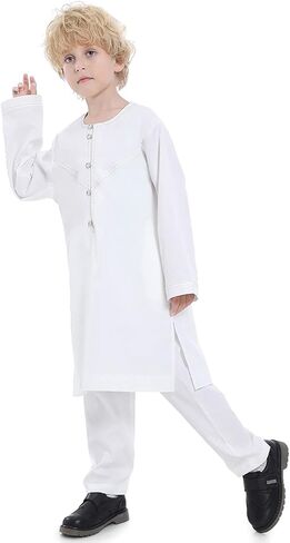 Boy's Muslim Arabic Kaftan Set - Middle East Clothing Long Sleeve Youth Boys' Solid Color Robe Suit Islamic Thobe in Saudi Arabia