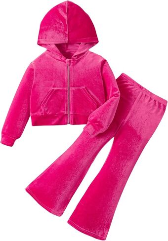 SweatyRocks Girl's 2 Piece Rhinestone Velvet Sweatsuit Zip Up Hoodies and Flared Pants Fall Outfits in Saudi Arabia