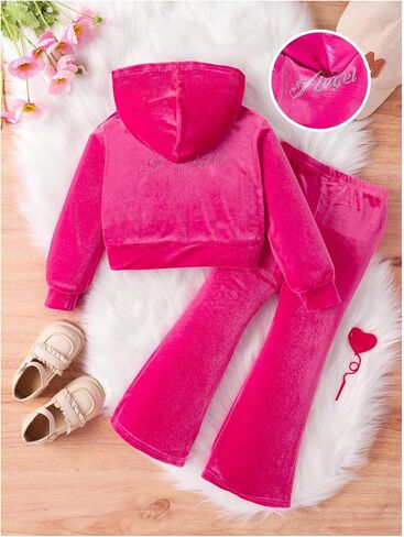 SweatyRocks Girl's 2 Piece Rhinestone Velvet Sweatsuit Zip Up Hoodies and Flared Pants Fall Outfits in Saudi Arabia