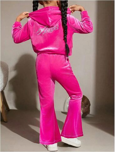 SweatyRocks Girl's 2 Piece Rhinestone Velvet Sweatsuit Zip Up Hoodies and Flared Pants Fall Outfits in Saudi Arabia