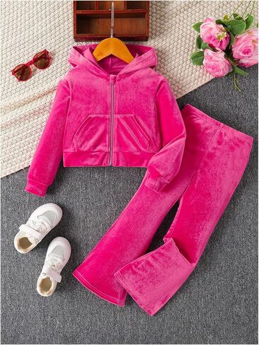 SweatyRocks Girl's 2 Piece Rhinestone Velvet Sweatsuit Zip Up Hoodies and Flared Pants Fall Outfits in Saudi Arabia
