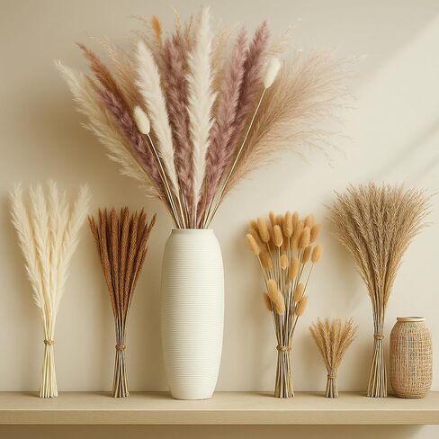 120PCS Dried Pampas Grass Decor – Bunny Tail Grass, White & Brown Reed Plumes, Tall Fluffy Boho Vase Filler for Rustic Wedding, Japandi Home, Shelf & Centerpiece Styling in Kuwait