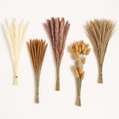 120PCS Dried Pampas Grass Decor – Bunny Tail Grass, White & Brown Reed Plumes, Tall Fluffy Boho Vase Filler for Rustic Wedding, Japandi Home, Shelf & Centerpiece Styling in Kuwait
