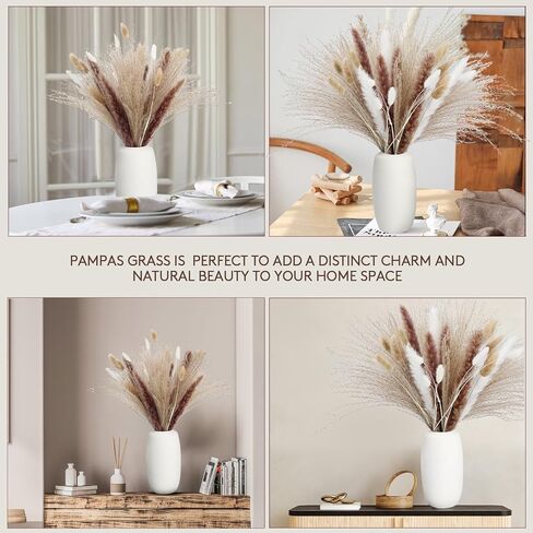 120PCS Dried Pampas Grass Decor – Bunny Tail Grass, White & Brown Reed Plumes, Tall Fluffy Boho Vase Filler for Rustic Wedding, Japandi Home, Shelf & Centerpiece Styling in Kuwait