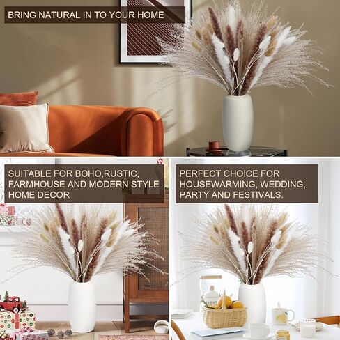 120PCS Dried Pampas Grass Decor – Bunny Tail Grass, White & Brown Reed Plumes, Tall Fluffy Boho Vase Filler for Rustic Wedding, Japandi Home, Shelf & Centerpiece Styling in Kuwait