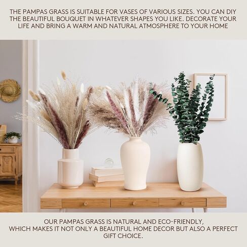 120PCS Dried Pampas Grass Decor – Bunny Tail Grass, White & Brown Reed Plumes, Tall Fluffy Boho Vase Filler for Rustic Wedding, Japandi Home, Shelf & Centerpiece Styling in Kuwait