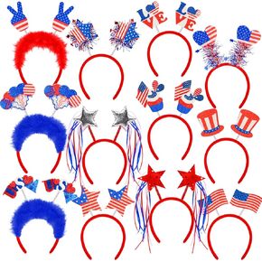 12 Pcs Patriotic Headband, 4th of July Head Boppers Red White Blue Star Hat Flag Balloons Hair Accessories Headwear for Independence Day, Memorial Day Party Accessories Favors