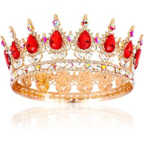 Cavetee Crystal Tiaras و Crowns for Women Comple Round Queen Crown for Women Bridal Prom Princess Hair Beadbands Decords Birthday Crown Cake Topper (Red and Gold)
