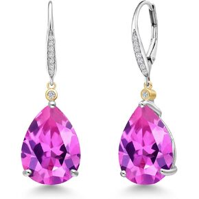 GEM Stone King 925 Silver and 10K Gold Gold Pink خلق الياقوت والمختبر الأبيض المزرعة المزرعة بأقراط للنساء | 20.53 CTTW | الأحجار الكريمة سبتمبر المولد | شكل الكمثرى 16x12mm