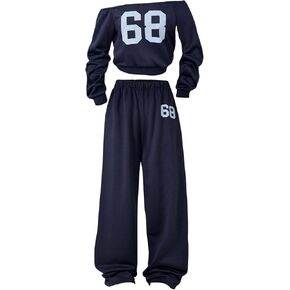 Girl's 2 Piece Outfits Number Print Off Shoulder Jersey Sweatshirt and Loose Sweatpants Set