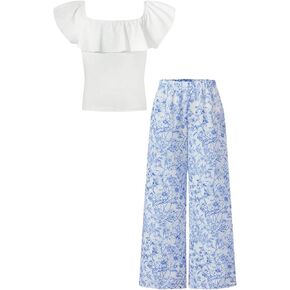 Girl's 2 Piece Summer Outfits Ruffle Square Neck T Shirt and Floral Long Pants Set Trendy