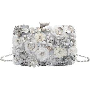 Floral Evening Bag for Women Beaded Clutch Purse with Sequins & Rhinestone Wedding Party Handbag with Chains