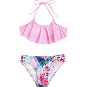 SHENHE Girl's 2 Piece Halter Swimsuit Floral Ruffle Flounce Bikini Set Cute Bathing Suits