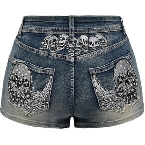 WDIRARA Women's Cross Embroidery Rhinestone Denim Shorts Y2k Grunge Punk Jean Shorts