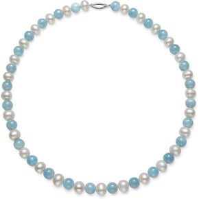 Belacqua Sterling Silver Cultured Freshwater Pearl and Natural Aquamarine Necklace, 18"