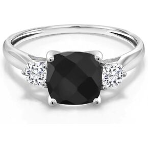 Gem Stone King 10K White Gold Black Onyx and White Moissanite 3 Stone Engagement Ring For Women (1.73 Cttw, Cushion Checkerboard 7MM, Gemstone December Birthstone)