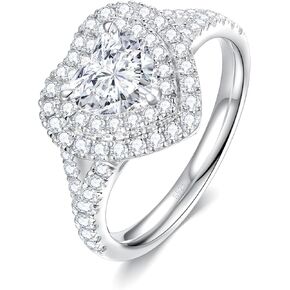 1.6CT Moissanite Heart Shaped Engagement Ring for Women D Color VVS1 Double Halo Wedding Ring S925 Sterling Silver with 18K White Gold Plated Genuine Moissanite Promise Ring for Her Size 5-10