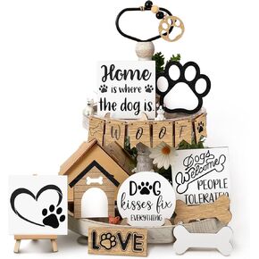 Geelin 16 Pcs Dog Tiered Tray Decor Set Wooden Dog Tray Decor Rustic Farmhouse Paw Bone Farm Decorations Mini Wood Signs for Kitchen Home Table Housewarming Gift