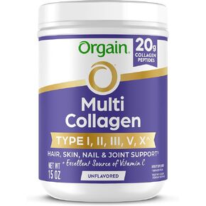 Orgain Hydrolyzed Multi Collagen Powder for Women & Men, 20g Collagen, Supports Hair, Skin, Nail & Joint Health, Type I, II, III, V, X, Vitamin C & Amino Acids, Non-GMO, Unflavored (21 Servings) 15oz