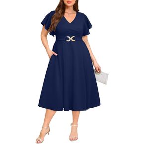 Pinup Fashion Women بالإضافة إلى فساتين الحجم لضيوف الزفاف - كوكتيل شبه رسمي ، فستان Midi مع جيوب