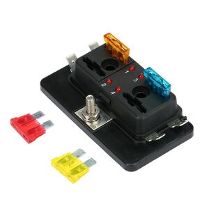 Qiilu 4 Way Blade Box, 4 Circuit ATC/ATO Blade Block with LED Warning Indicator Cover for Automotive Truck Boat Marine RV Van Vehicle