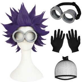 ANOGOL Hair Cap +3 Pcs(Short Purple Wig+Goggles Glasses+Gloves) Purple Cosplay Wig Mens Anime Wigs Short Crazy Wigs Men Wavy Hair Halloween Party Costume