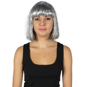 HPO Adult Women's Tinsel Bob Wig Collection, Silver Color, Premium Breathable Capless Cap Design