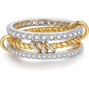 14K Gold Silver Interlocked Stackable Rings Non-Tarnish, Multi-Link Connected Twisted Rope 3-Band Rings Set for Women, 925 Sterling Silver Cubic Zirconia Rings Statement Knuckle Jewelry Gifts.