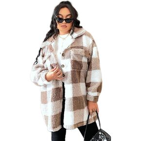 Women Plaid Jacket Faux Fur Fleece Teddy Coat with Button Front & Flap Pockets,Warm Sherpa Jacket,0XL-4XL,3 Color