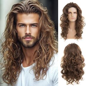 Mens Long Curly Wavy Brown Wig Synthetic Rocker Punk Halloween Cosplay Hair Wig